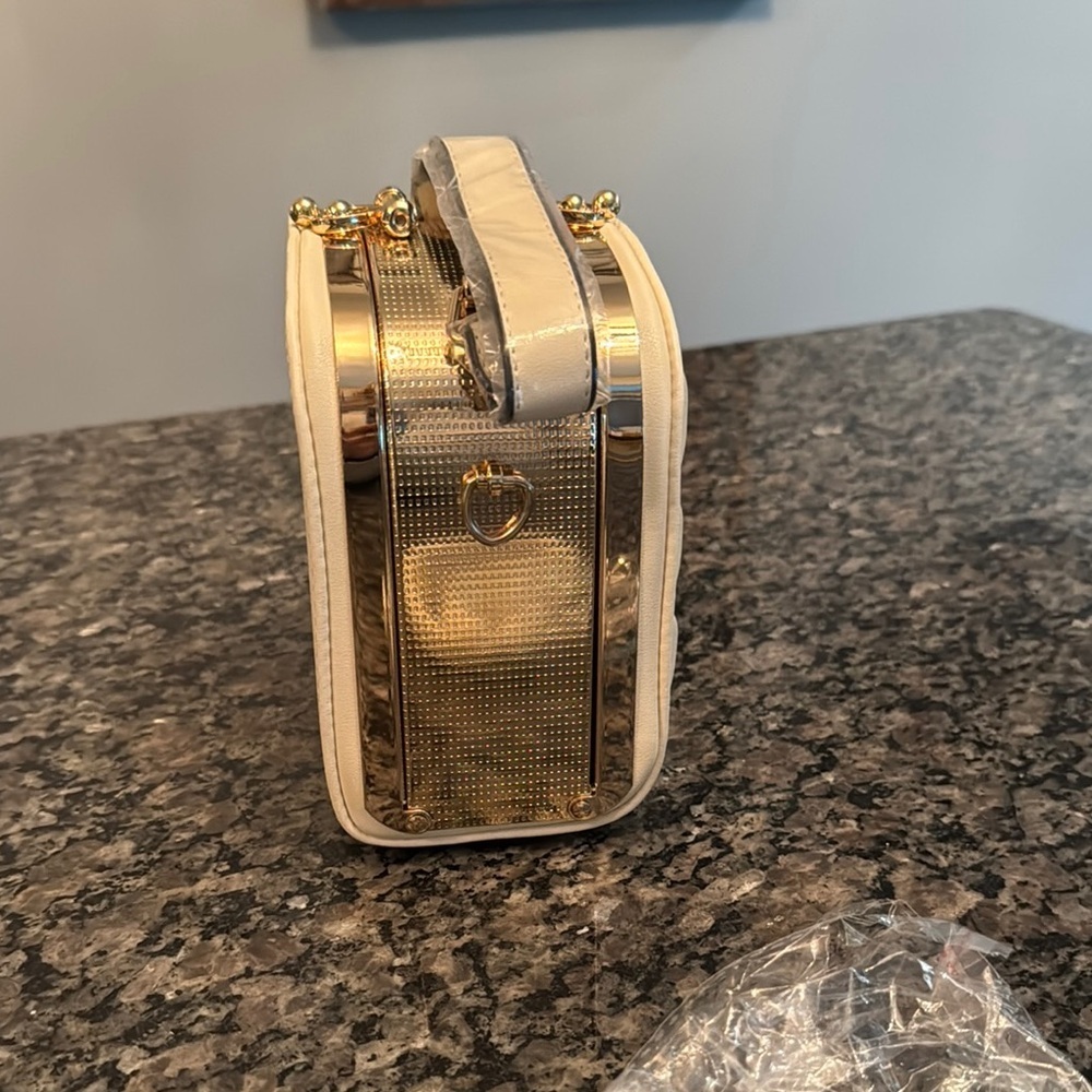 Square hard case Cream Handbag with Gold Accents NWOT - Picture 7 of 14